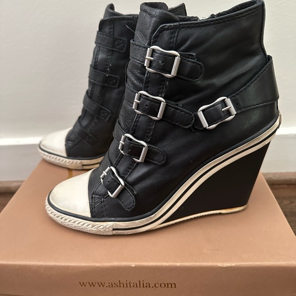 Ash Women's Black and White Leather Ankle High-Top Wedge Shoes Sneakers - Picture 3 of 10